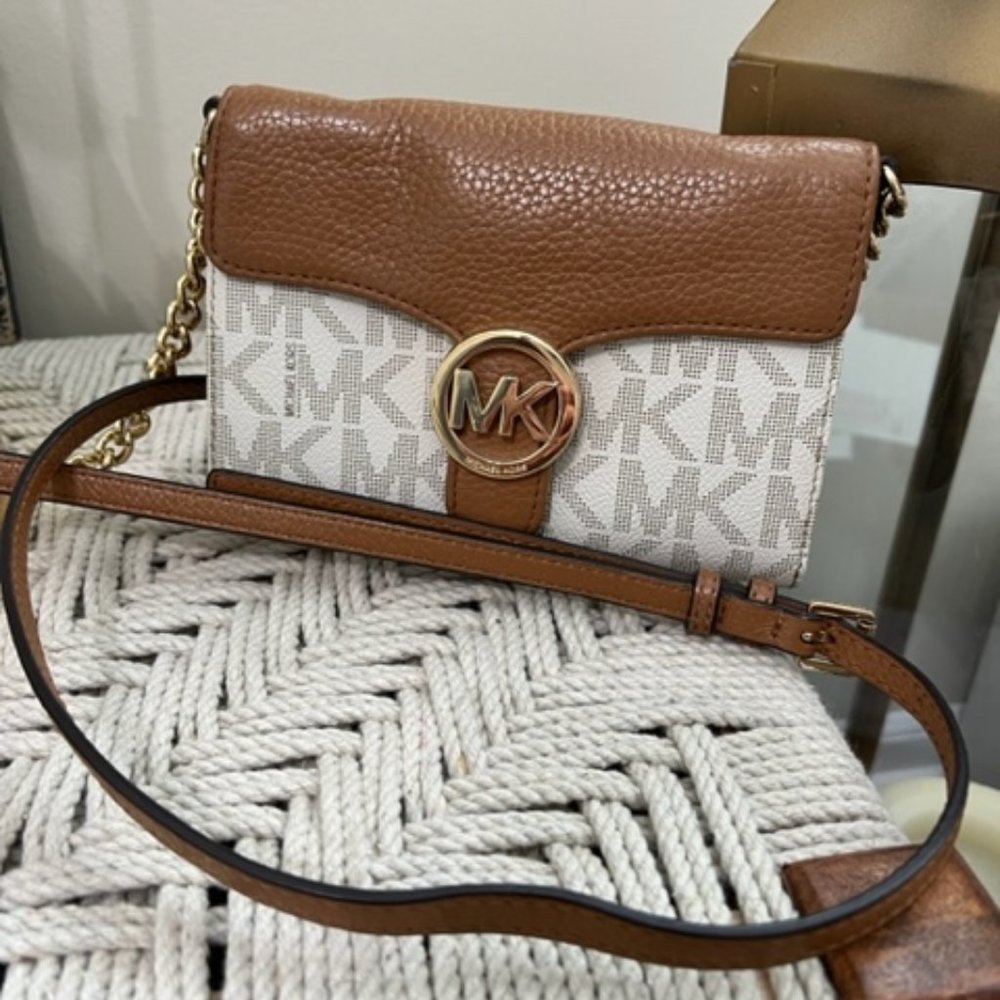 Michael Kors White  & Brown Monogram Leather Crossbody